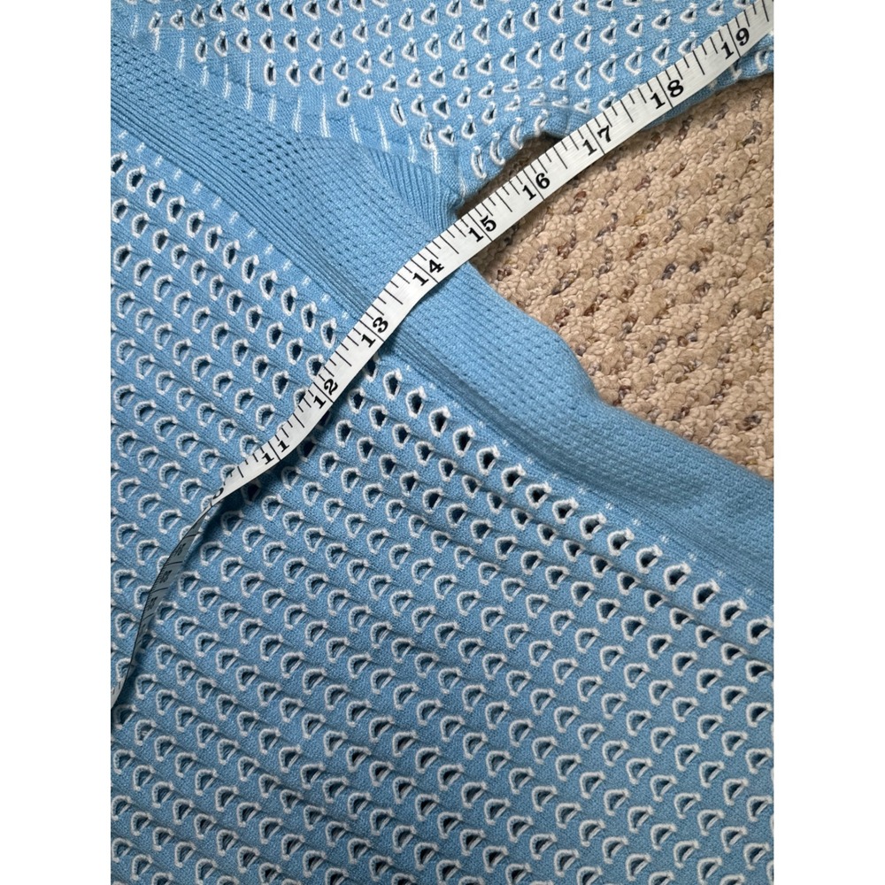 Tory Burch Light Blue White Pointelle Eyelet Knit Crewneck Sweater Womens M - Picture 7 of 8